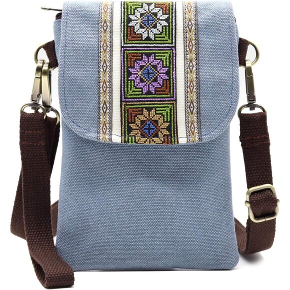 Women's Light Blue Vintage Embroidered Cute Mini Cross Body Bag Small Handbags - Picture 1 of 6
